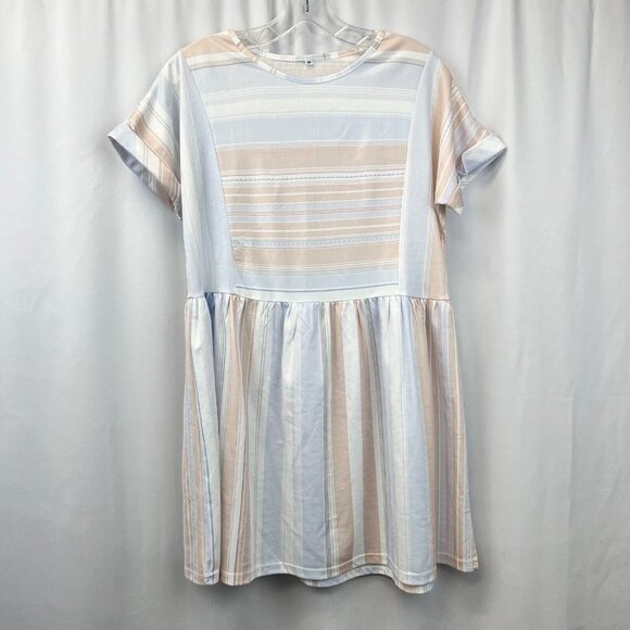 Womens Multicolor Striped Short Sleeve Round Neck Short A-Line Dress Size Medium - Picture 1 of 9